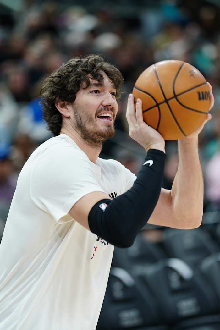 Dec 26, 2023; San Antonio, Texas, USA; San Antonio Spurs forward Cedi Osman (16) warms up before the game against the Utah Jazz at the Frost Bank Center. Mandatory Credit: Daniel Dunn-USA TODAY Sports